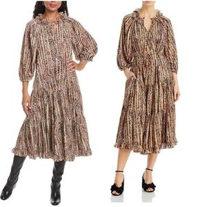 NEW Kobi Halperin Whistler Animal-Printed Midi Dress Tiered Ruffle Lined XS $498